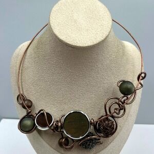 VTG Copper Tone Statement Collar Necklace Abstract Wire Wrapped Mixed Media Disk